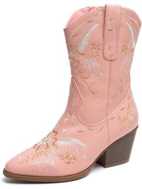 Women's Pink Wide Calf Cowboy Boots Western Gold Embroidery Chunky Heel
